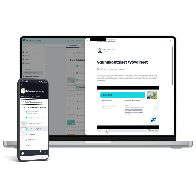 Sisätehdas-konseptin työnjohdon verkkoympäristö ja esimerkki online-valmennusosiosta
